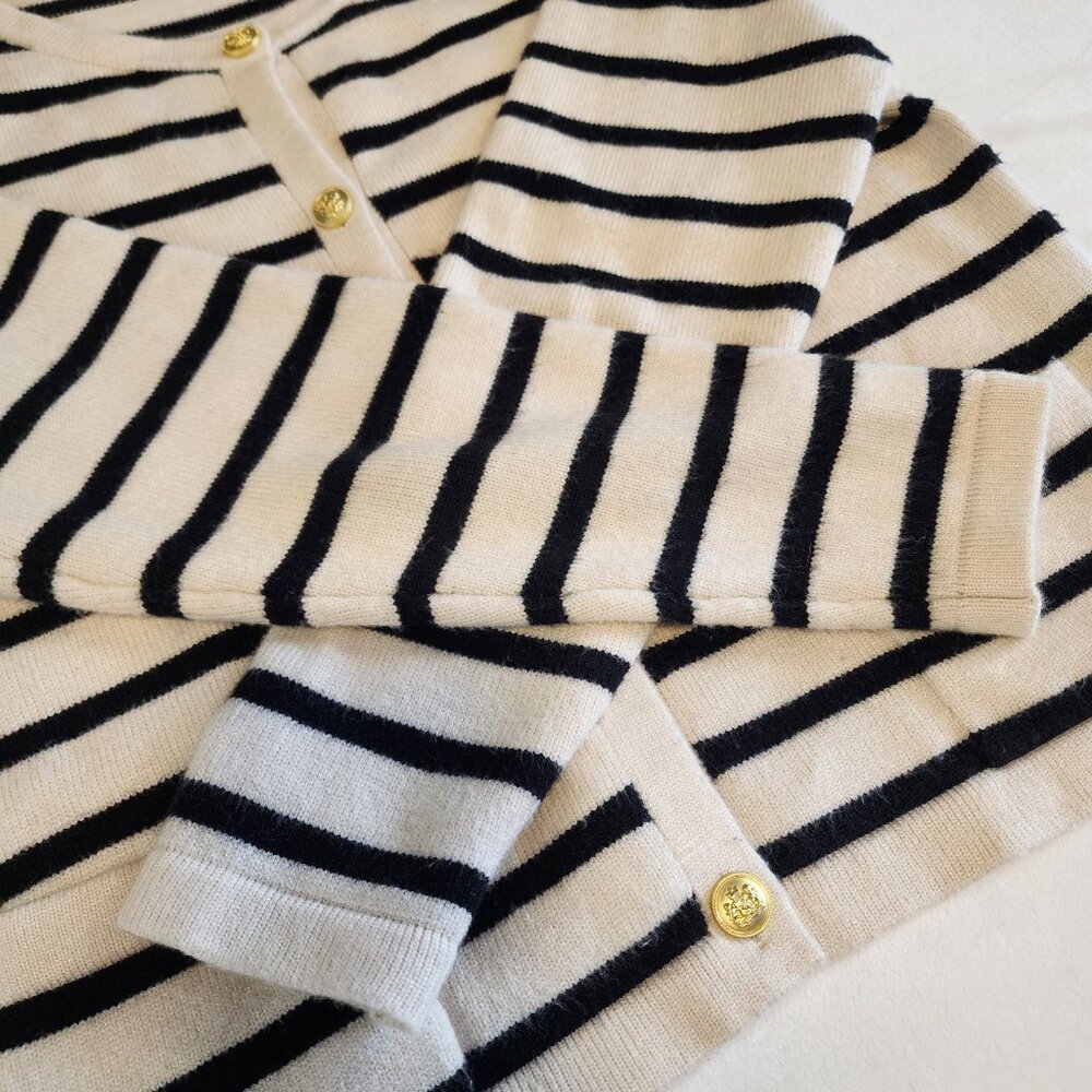 LILLUSORY Striped Cardigan Sweater Lady Jacket Gold Buttons Black & Cream Size L - Picture 3 of 13